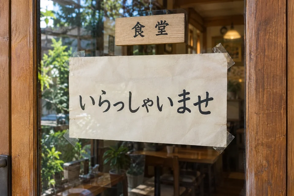 Sample photo of a restaurant welcome sign reading いらっしゃいませ